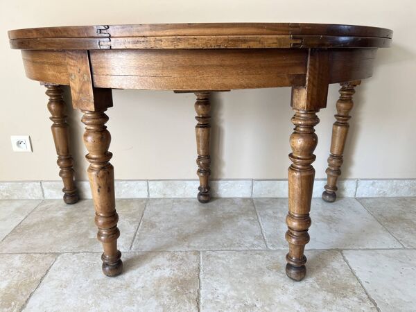 Table console demi-lune Louis-Philippe XIXe en noyer massif – 6 personnes