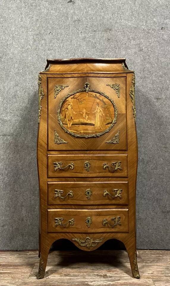 Fully curved Louis XV style secretary in precious wood marquetry circa 1850