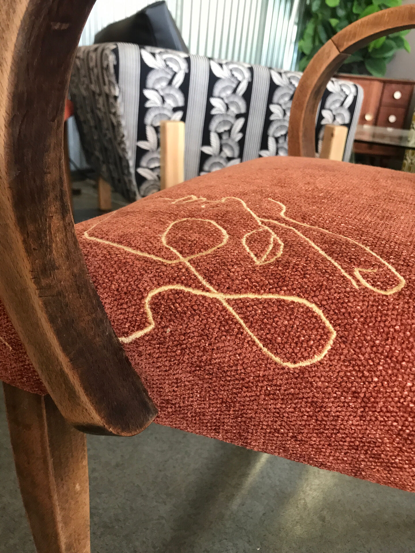 Bridge armchair from the 1940s with embroidered upholstery.