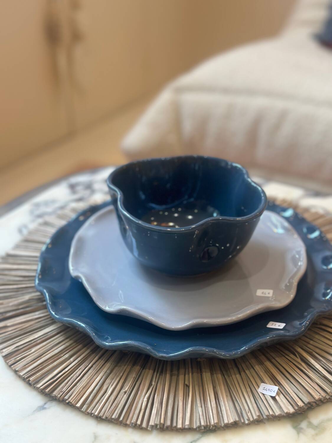 Handmade enameled ceramic bowl, pop clover flower, petrol blue