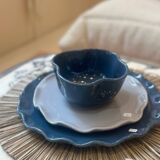 Handmade enameled ceramic bowl, pop clover flower, petrol blue