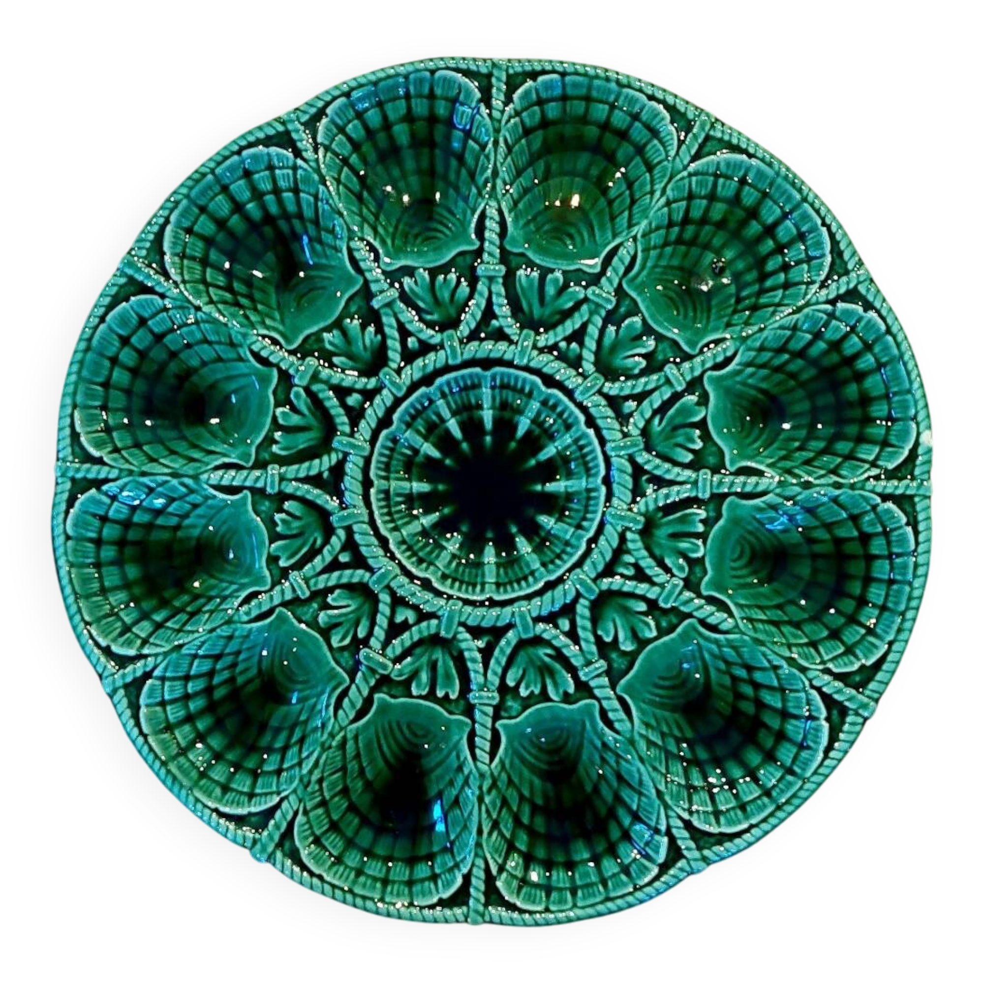 Antique green majolica oyster dish – Sarreguemines