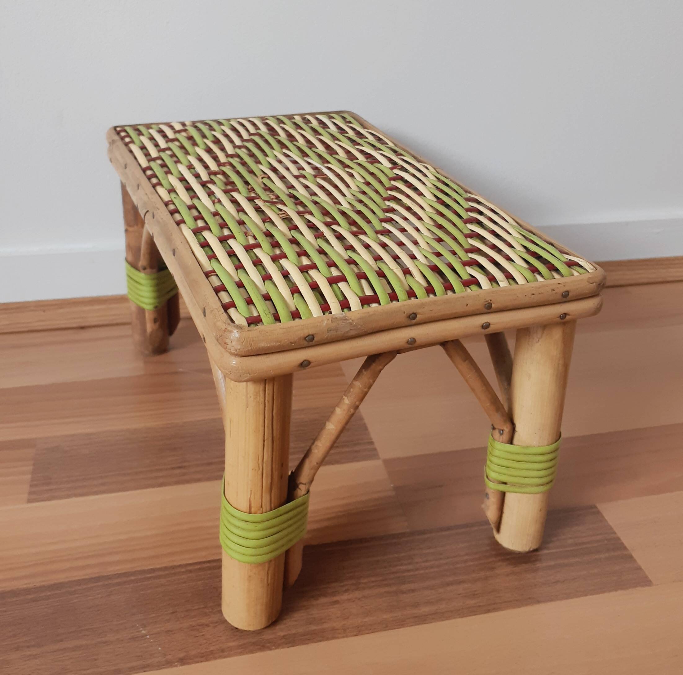 Bench, low wooden and rattan stool, plant holder