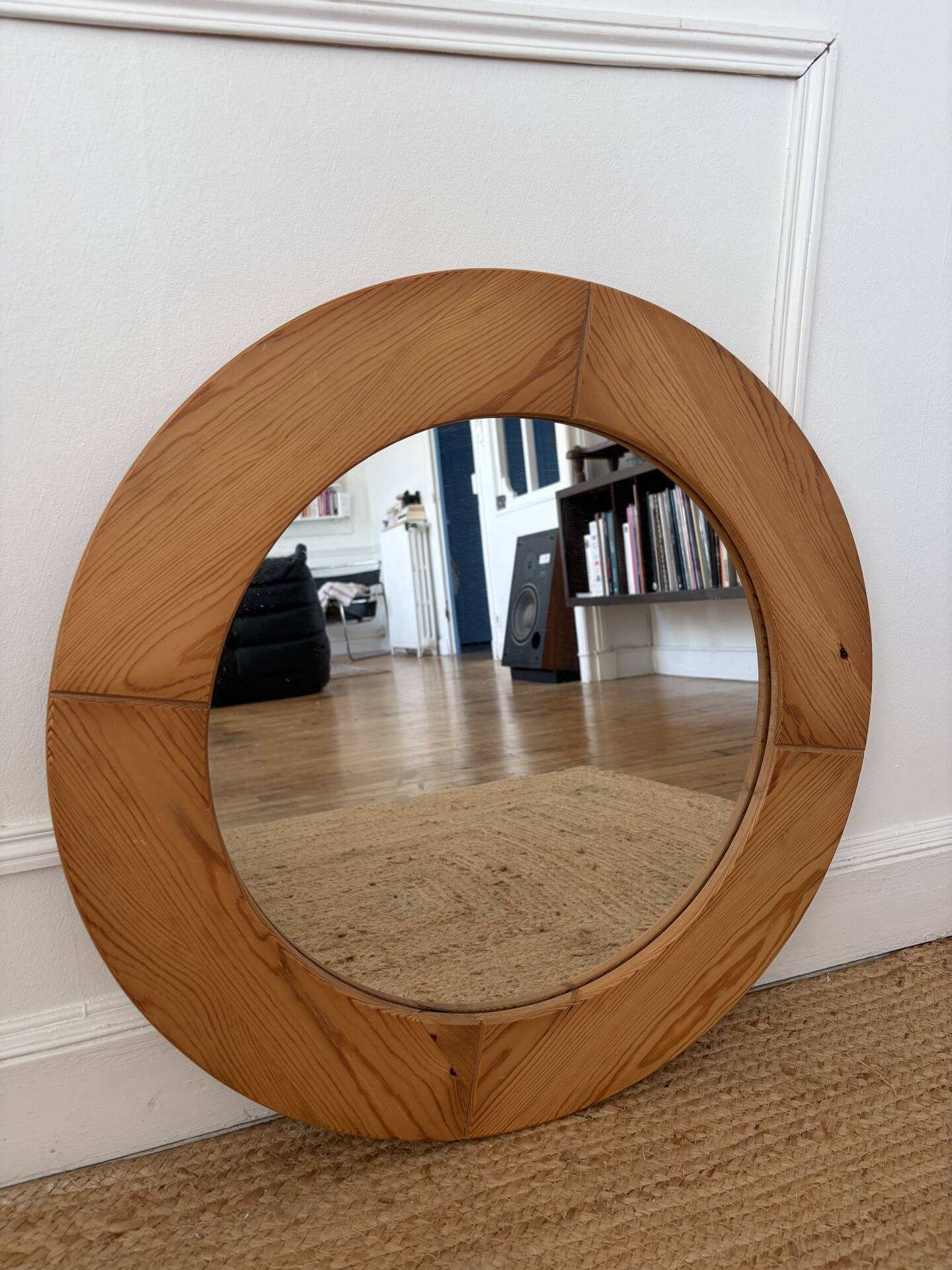 Round Scandinavian pine mirror from the 1970s.