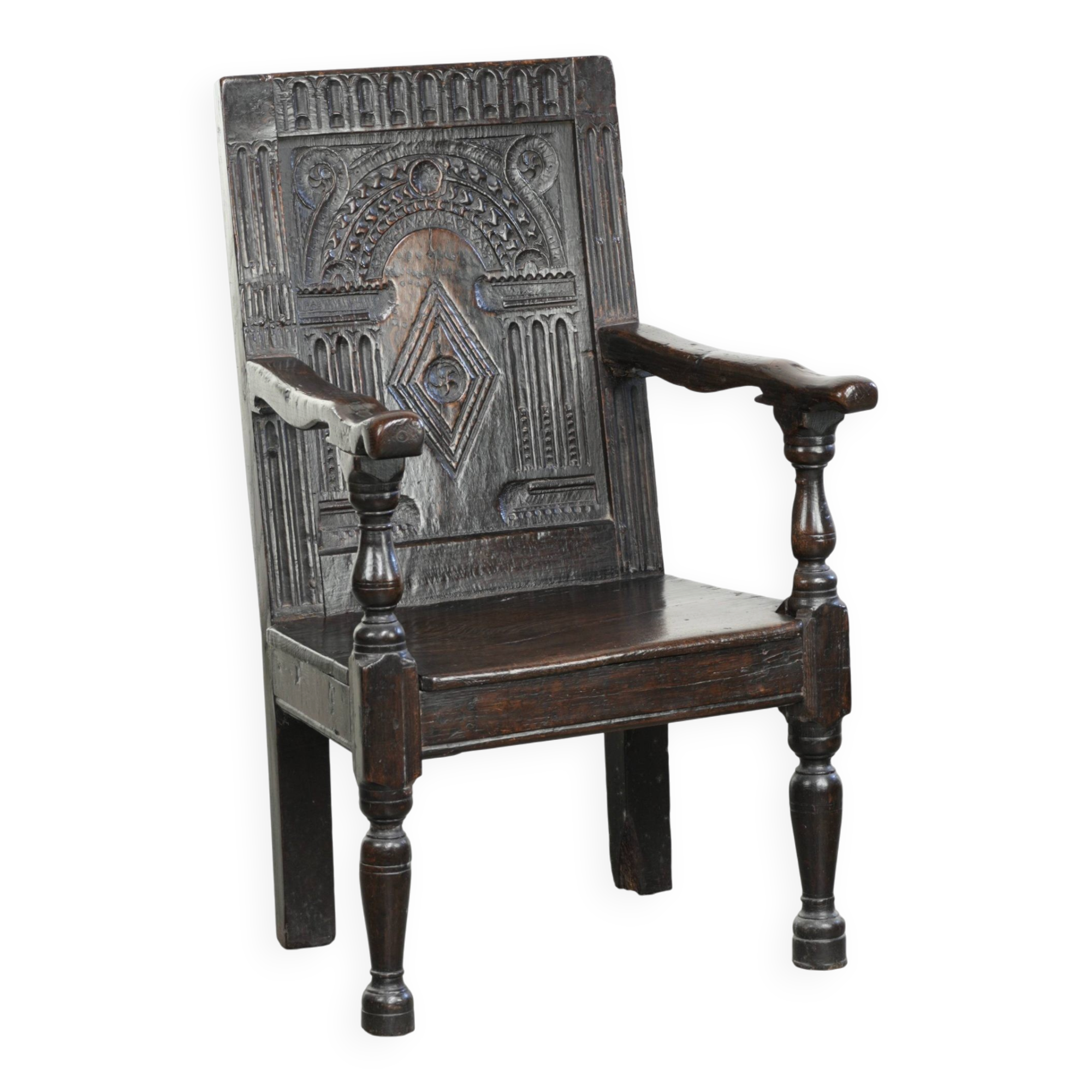 Antique English oak chair / wainscot chair from the 17th century