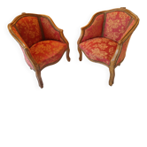 Paire de fauteuils cabriolets louis xv bois sculpté tissu floral rose&rouge