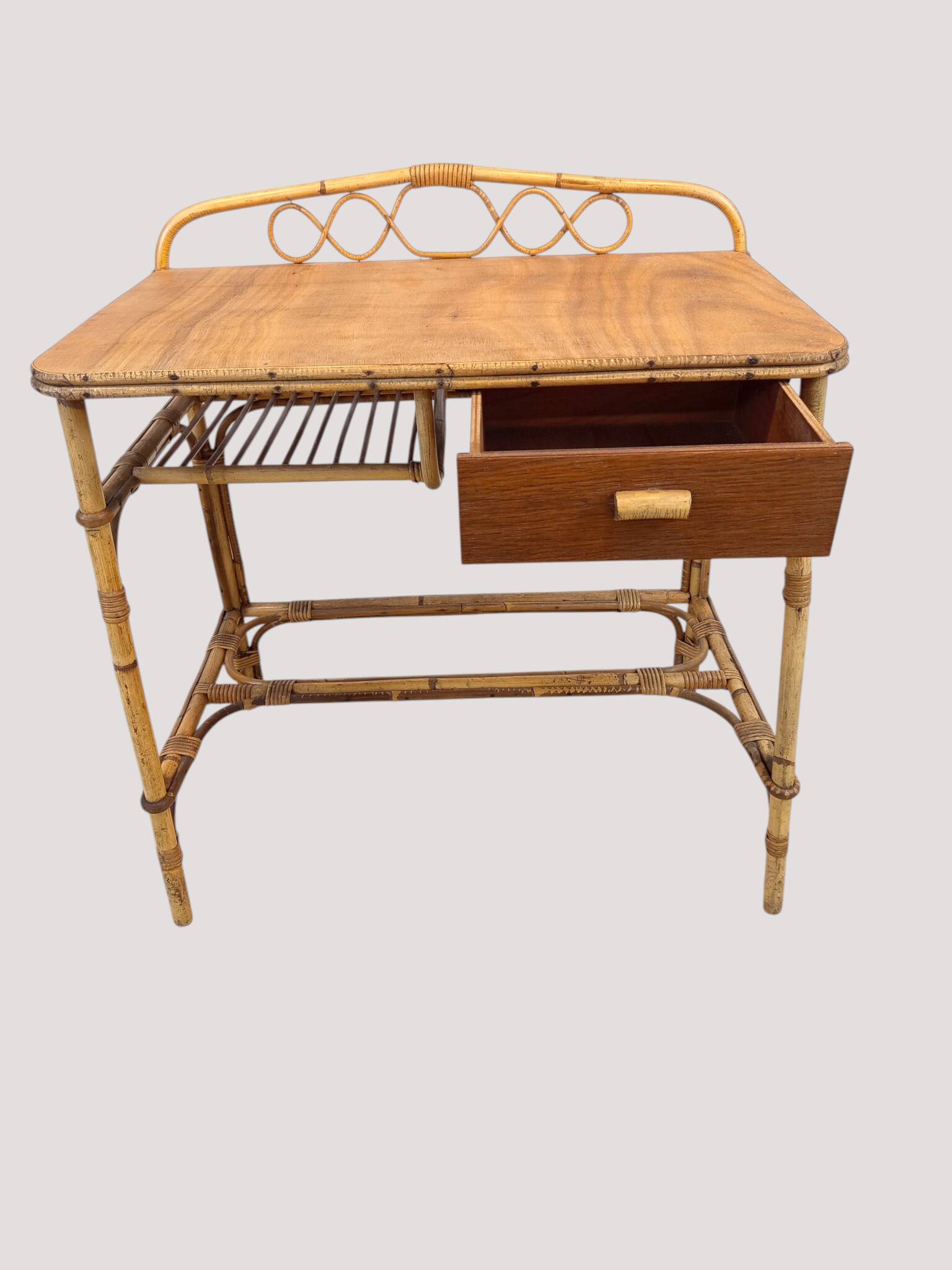 Vintage rattan and bamboo desk or dressing table (81x47 cm) – Riviera style,