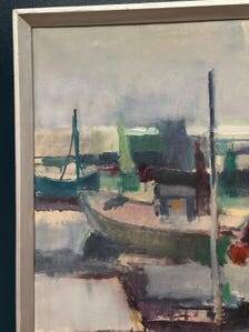 Large Original Swedish Oil on Canvas – “Port” by Finn Hillerup – Signed – Vintage & Framed