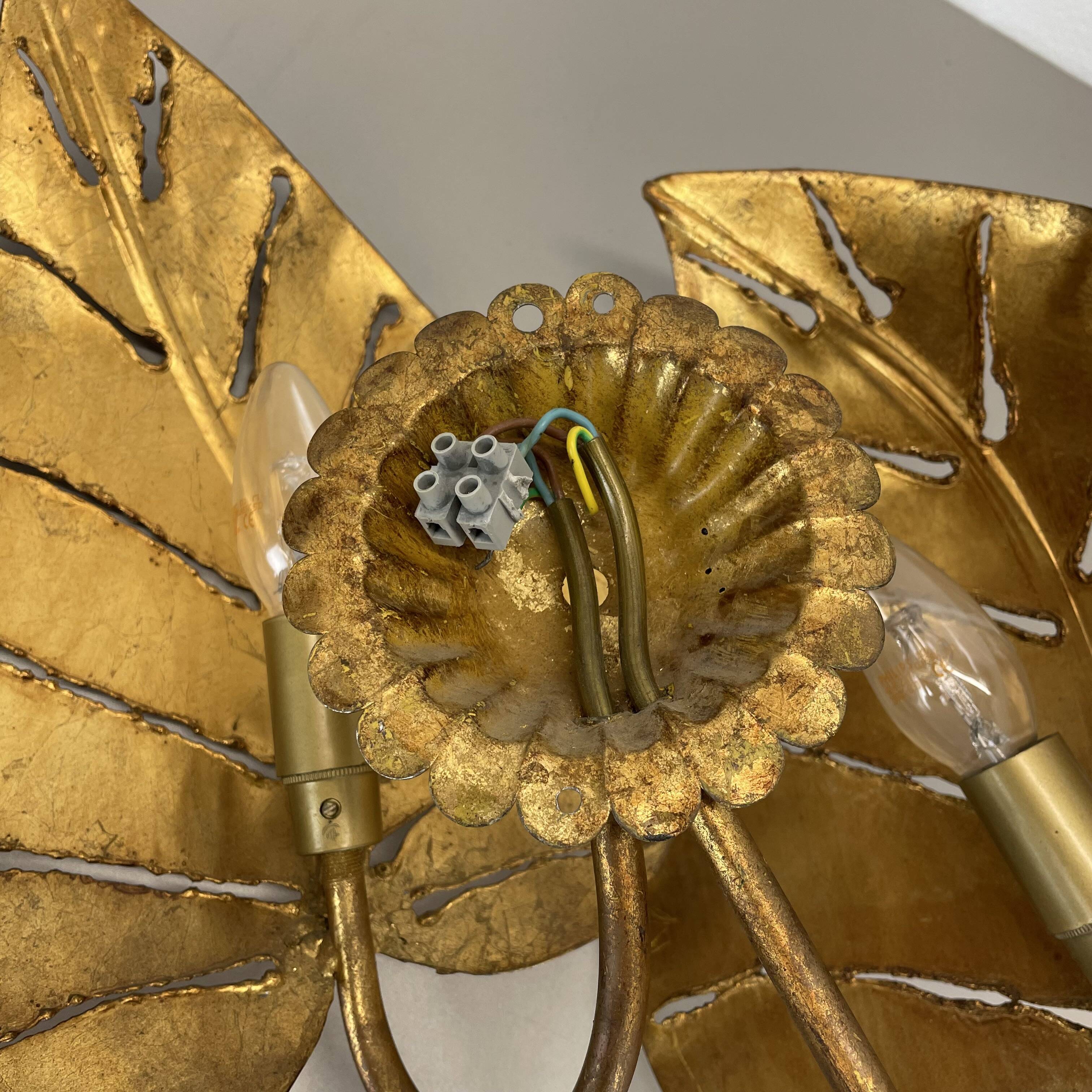 Golden metal "monstera" leaf wall light sconce, france, 1970s