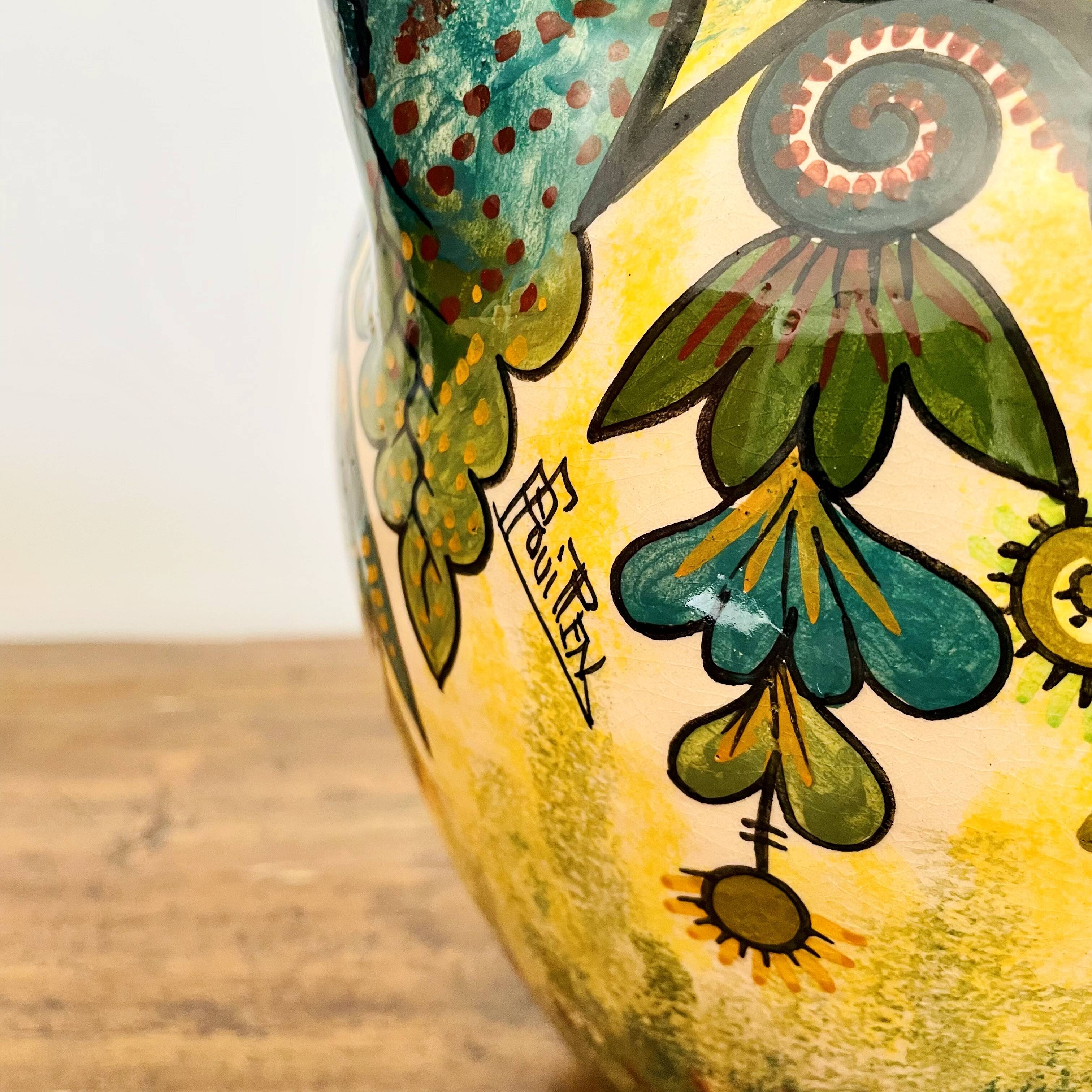 Sublime vase signed Paul Fouillen with yellow and green handles 1940