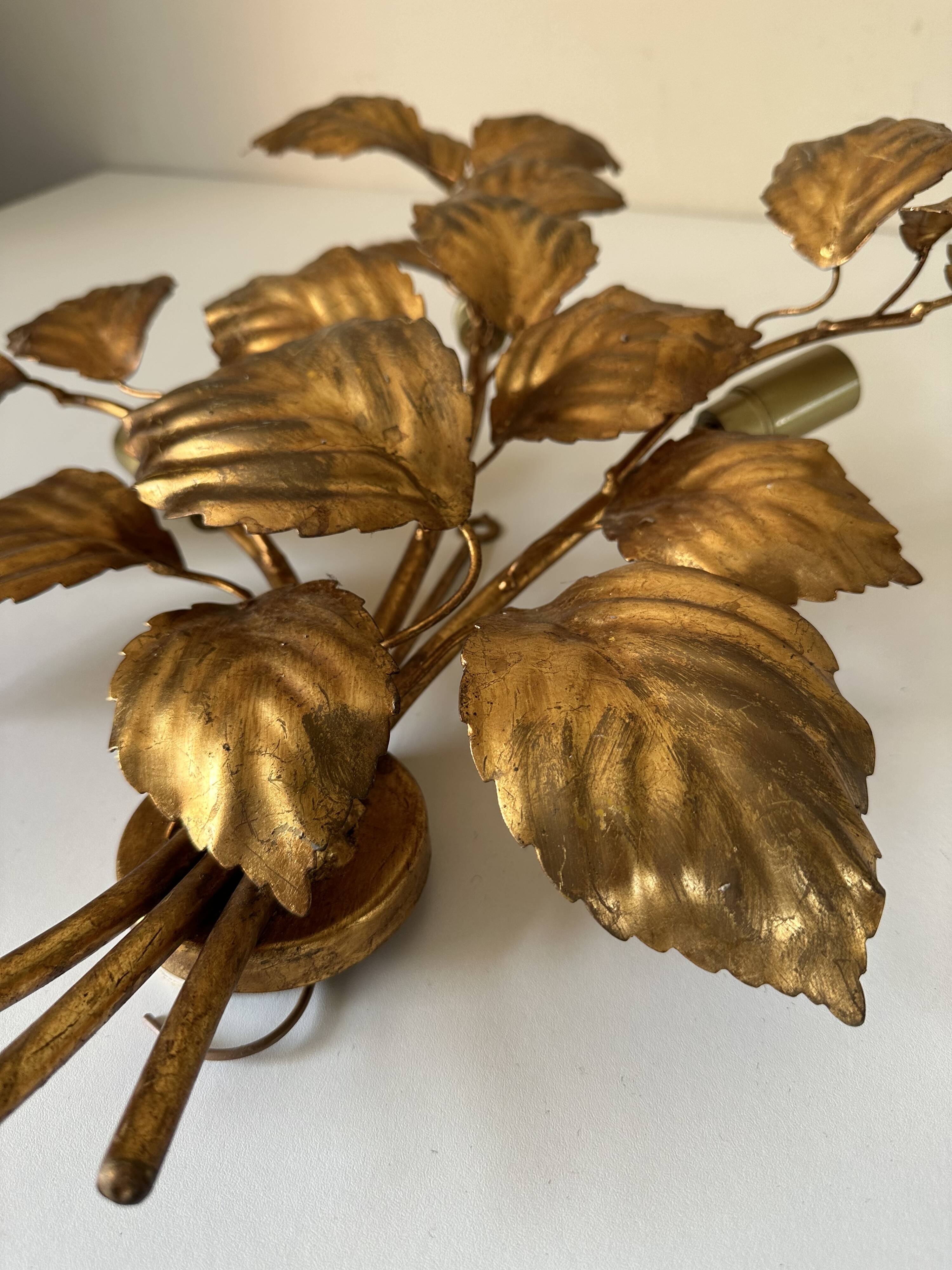 Large golden leaf wall lamp vintage design 70s