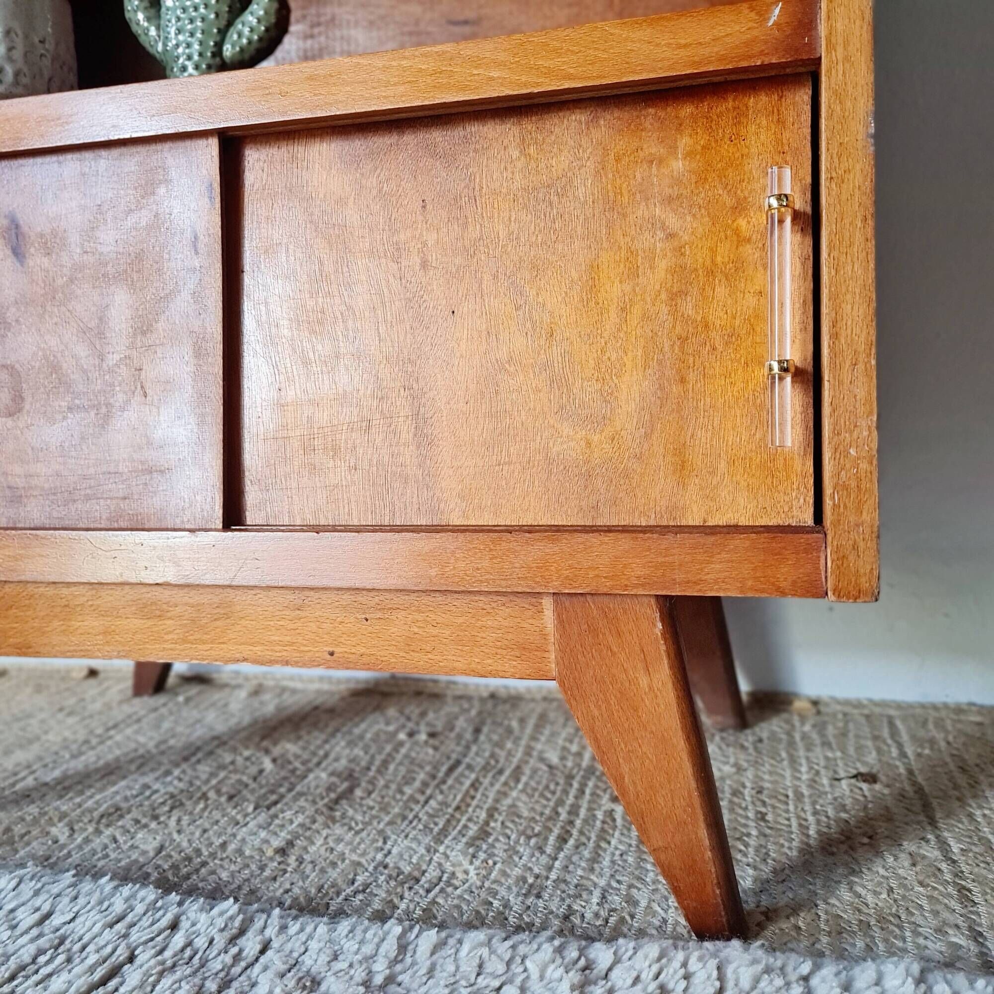 Vintage 1950s wooden secretary with tapered legs and mint interior.