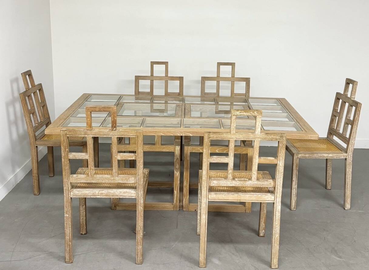 Ensemble 6 chaises et table à manger en chêne cérusé, 1980