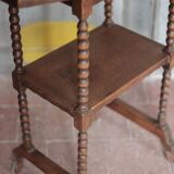 Vintage turned wood dessert trolley, wheeled table with removable top.