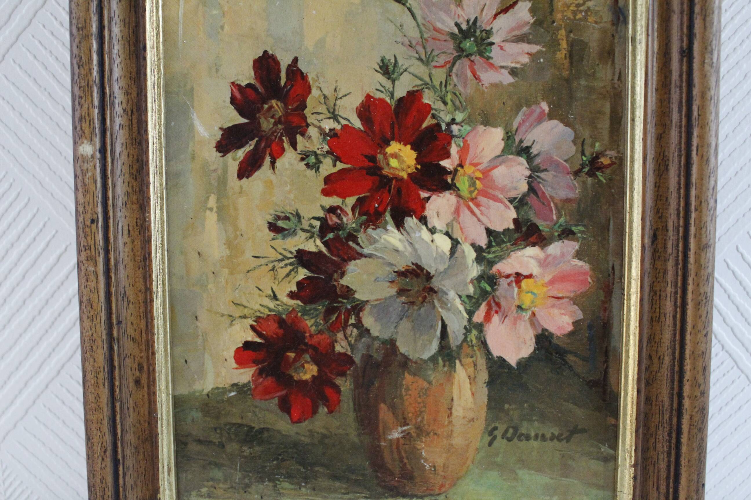 Oil on cardboard signed - still life, bouquet of cosmos