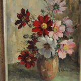 Oil on cardboard signed - still life, bouquet of cosmos