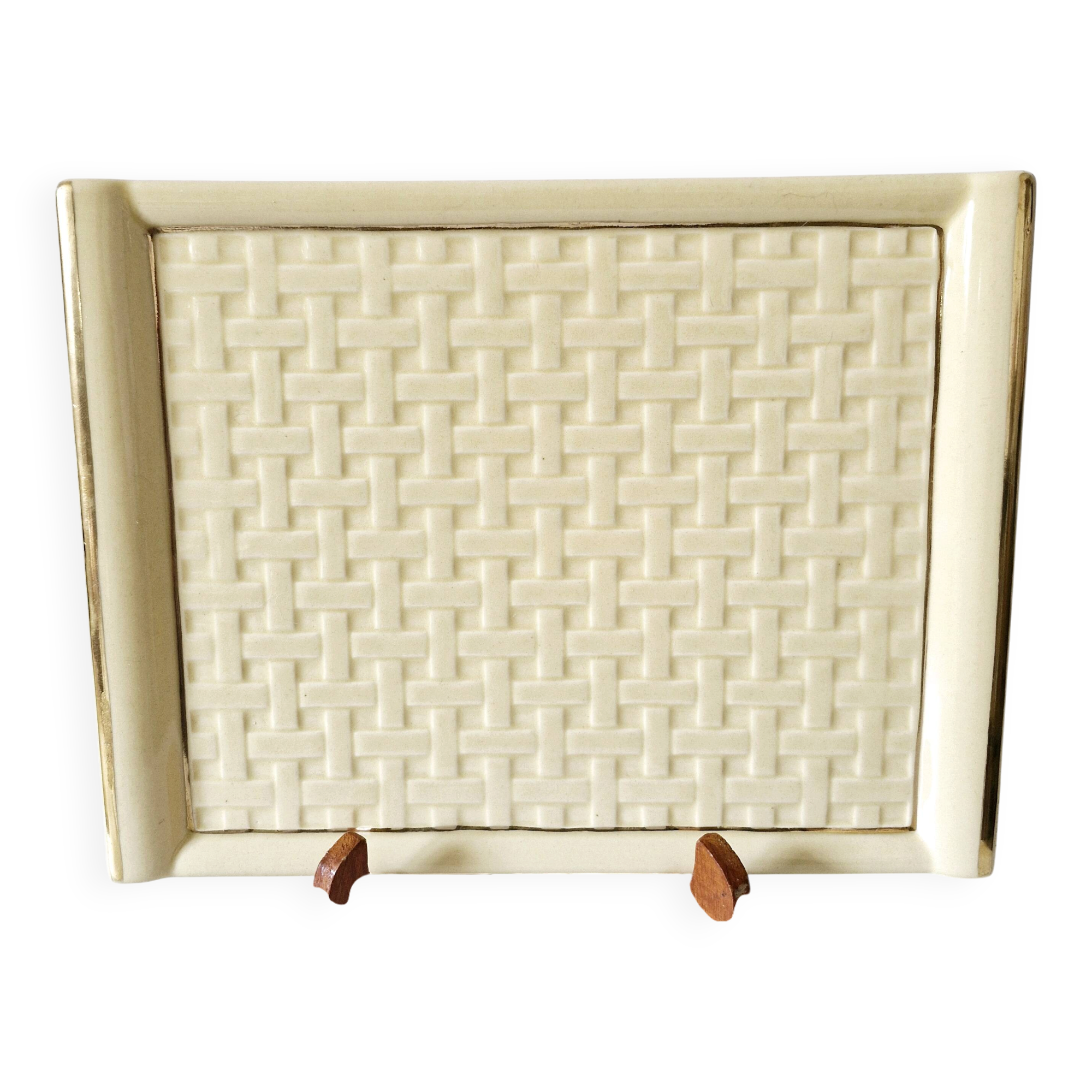 Plateau Poët Laval 1950s yellow straw ceramic with woven patterns.