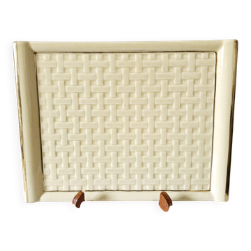 Plat plateau Poët Laval années 50 céramique jaune paille motifs tressé