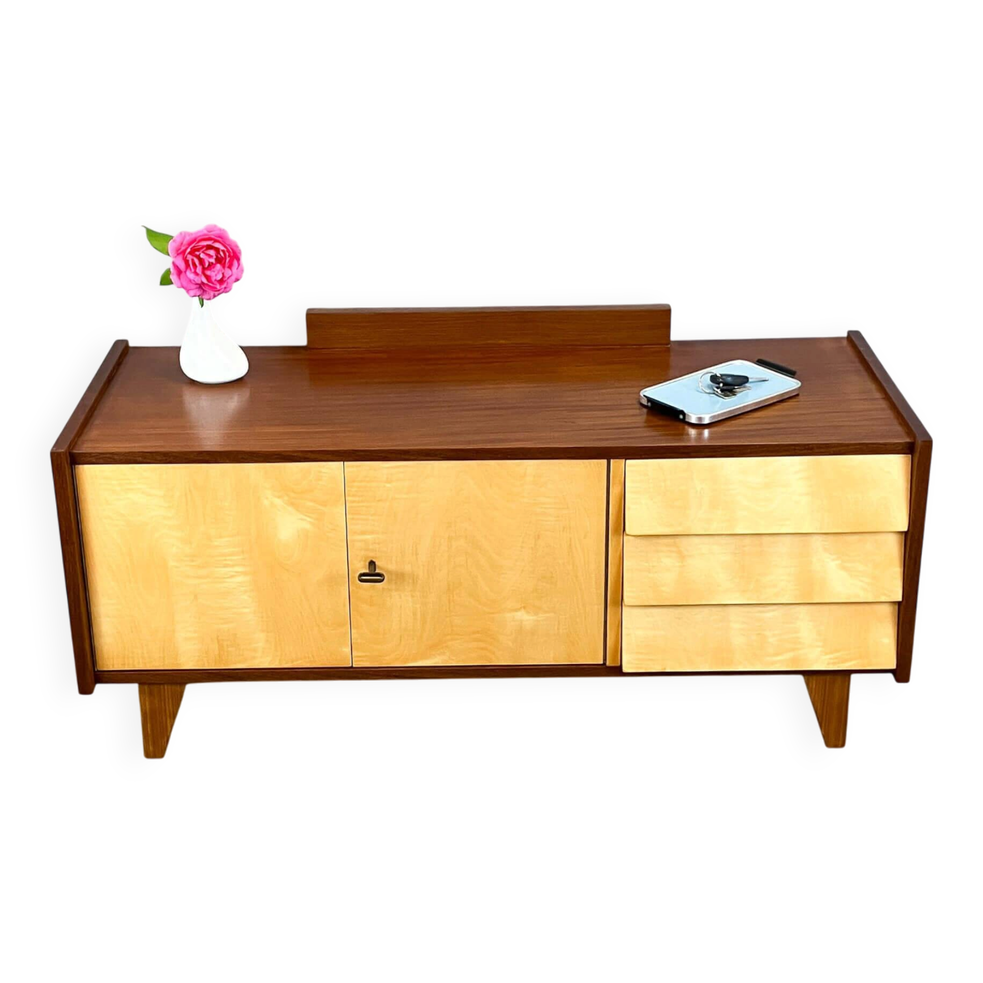 Lowboard, petit meuble de hall avec tiroirs, érable rayé, années 1960