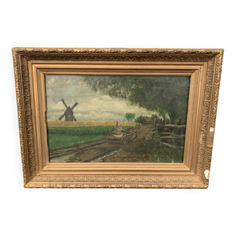 Painting XIX Polish Countryside Landscape At The Mill 74 x 56 cm signed Renaut