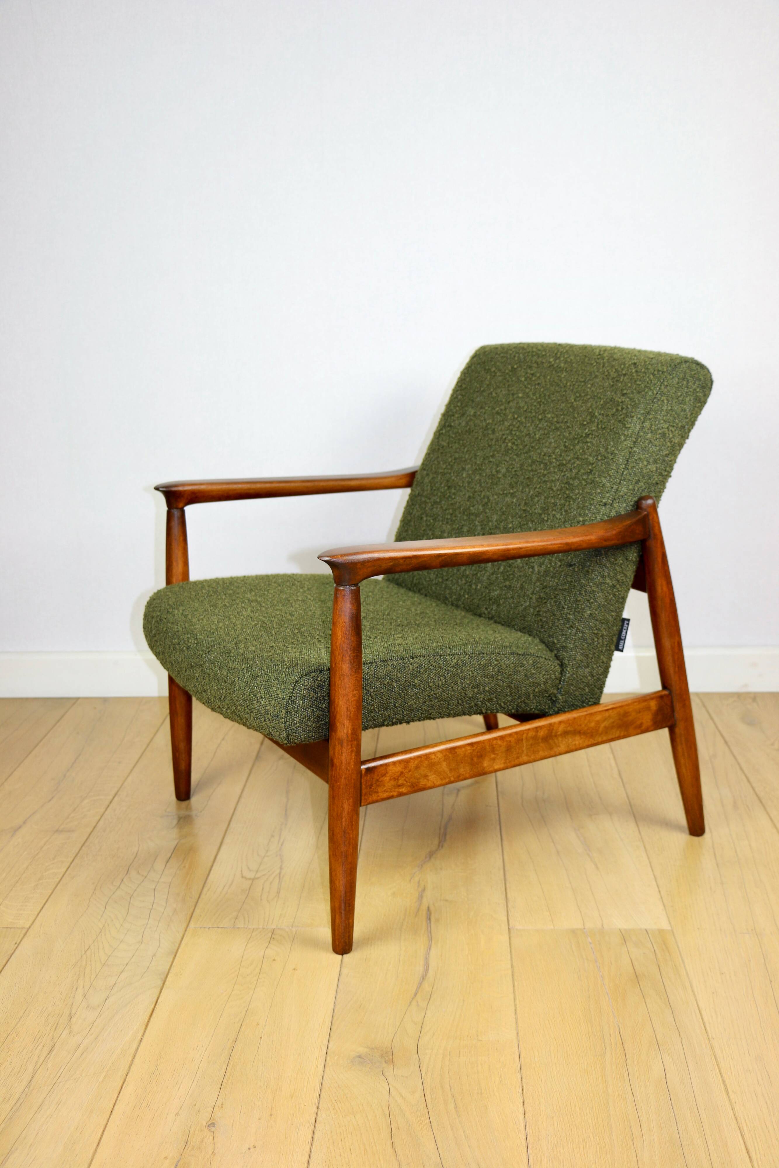 GFM-64 armchair, design by Edmund Homa from the 60s, olive green boucle - 2 pieces available