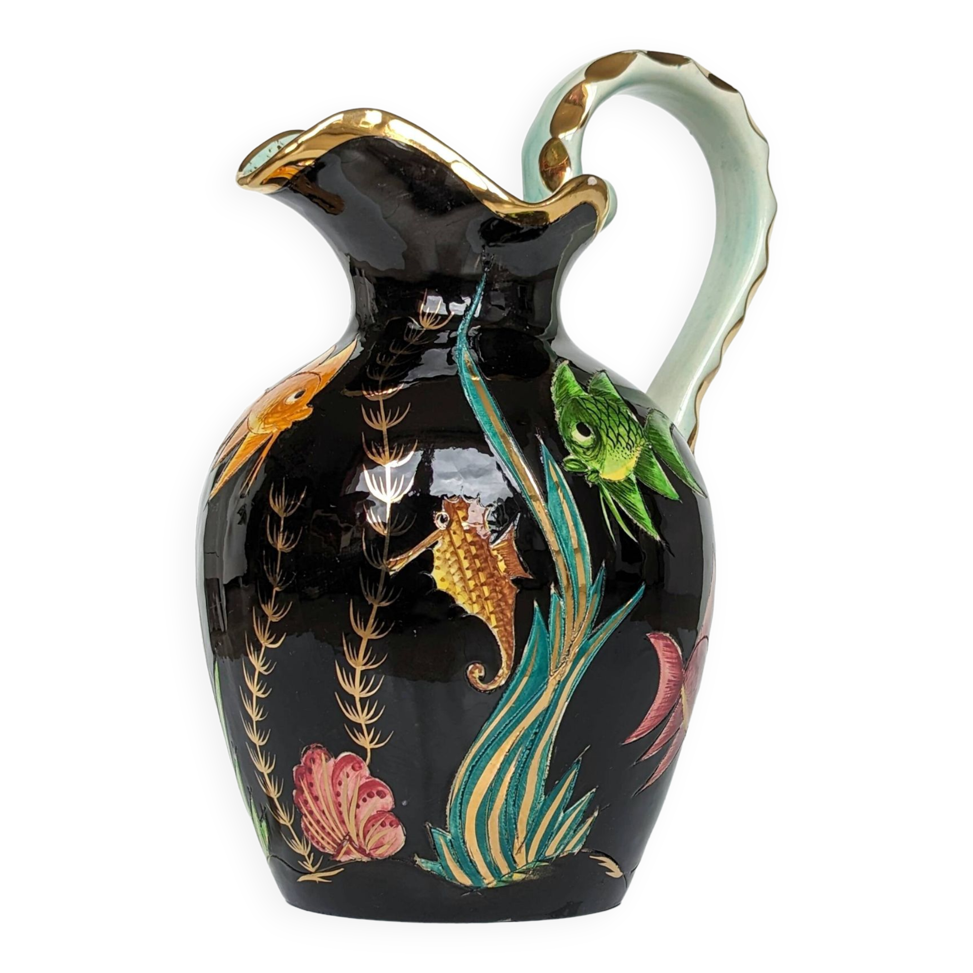 Large pitcher / Monaco vase in polychrome earthenware with bas relief decoration of fish on a seabed