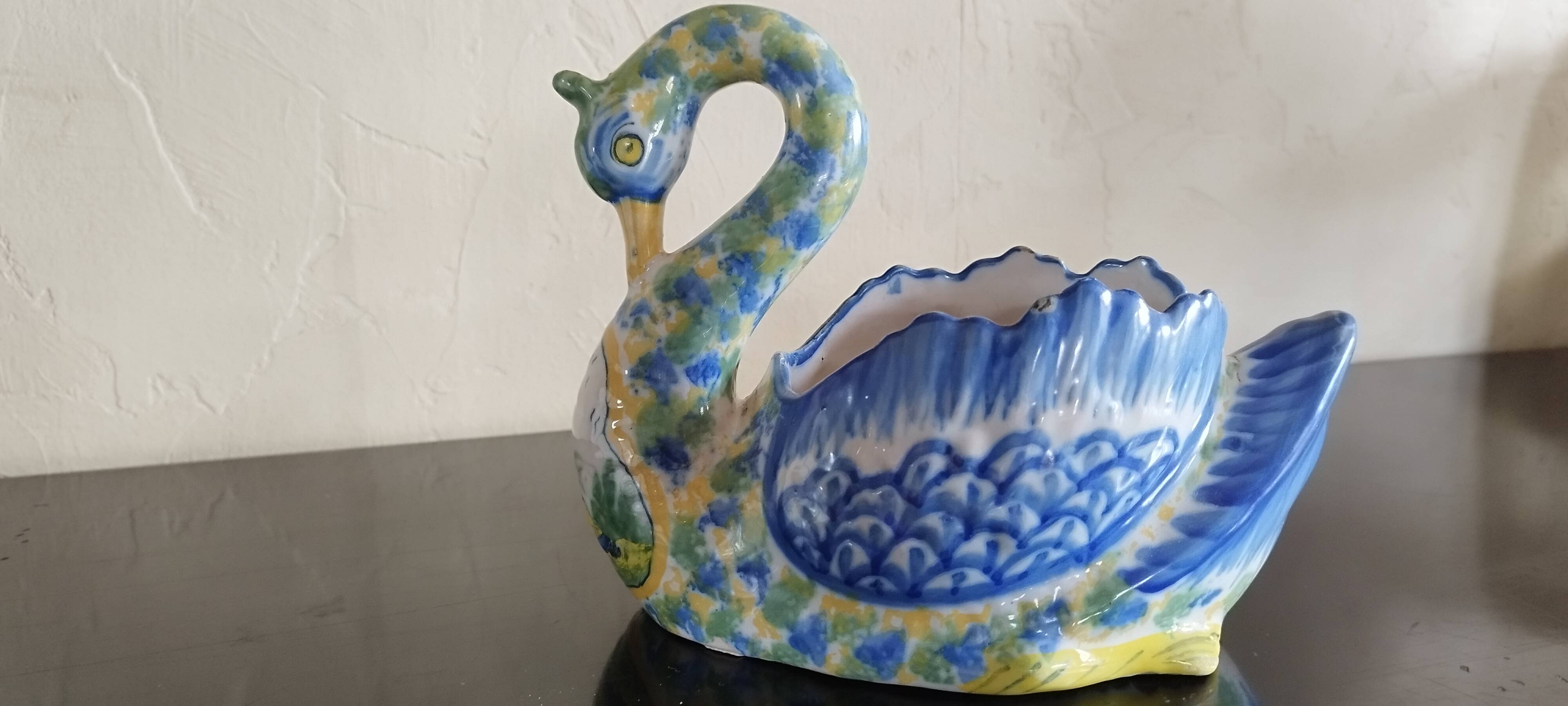 Ashtray or small planter in the shape of a swan made of Quimper earthenware.