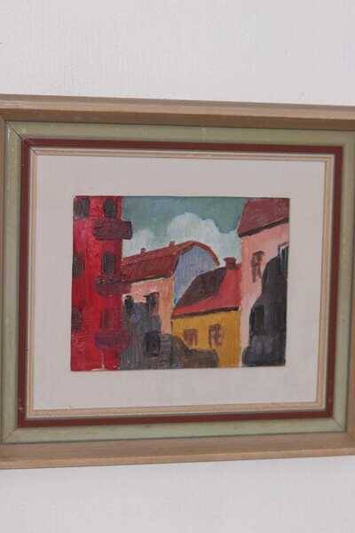 Original mid-century Swedish oil on panel – “House Facades” by A. Wistrand – dated 1946 – vintage & framed – 42 × 39 cm