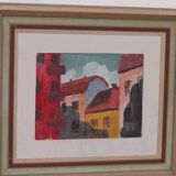 Original mid-century Swedish oil on panel – “House Facades” by A. Wistrand – dated 1946 – vintage & framed – 42 × 39 cm