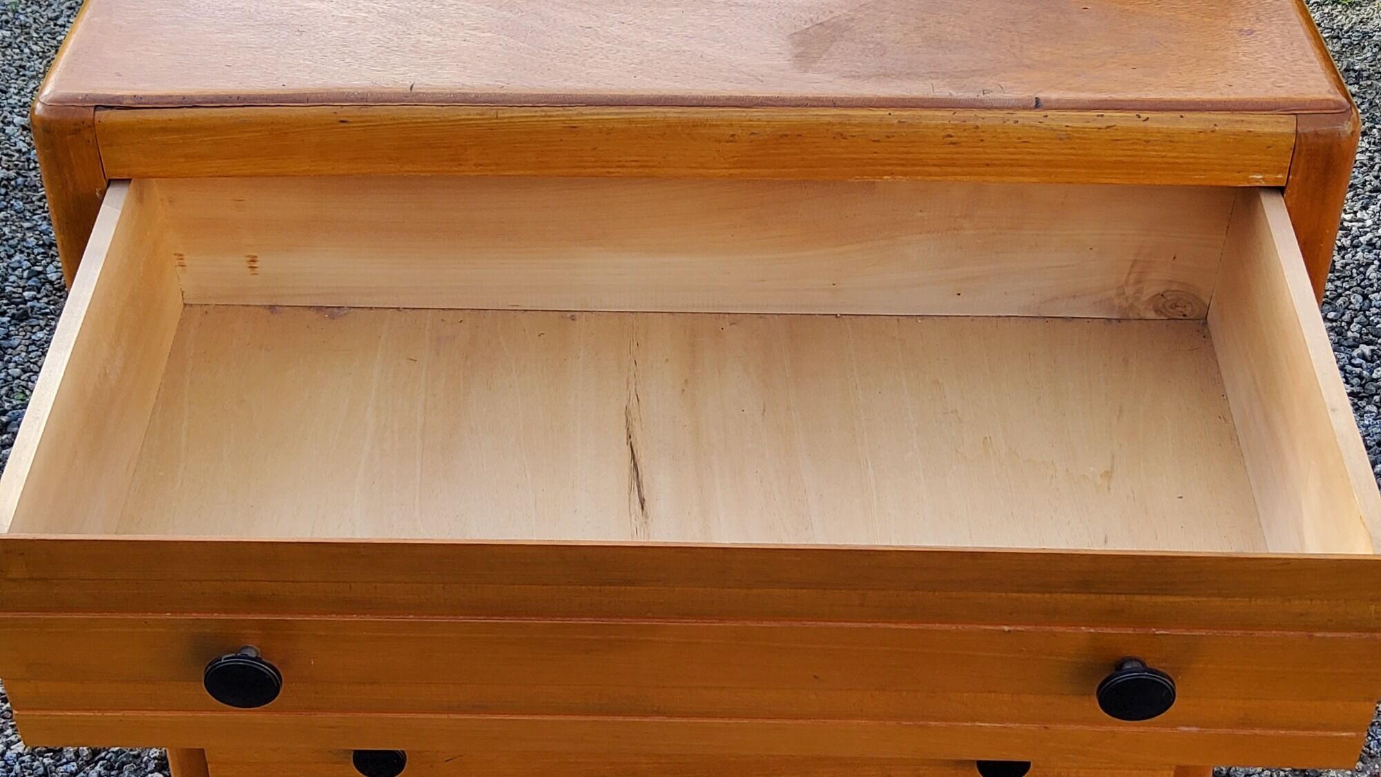 Vintage chest of drawers from the 50s in blond and gold beech 3 drawers feet compass