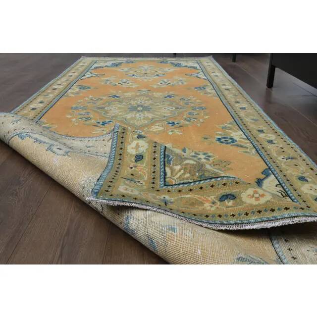 1970s Vintage Turkish Oushak Handmade Wool Cotton Orange Runner Rug 117x312