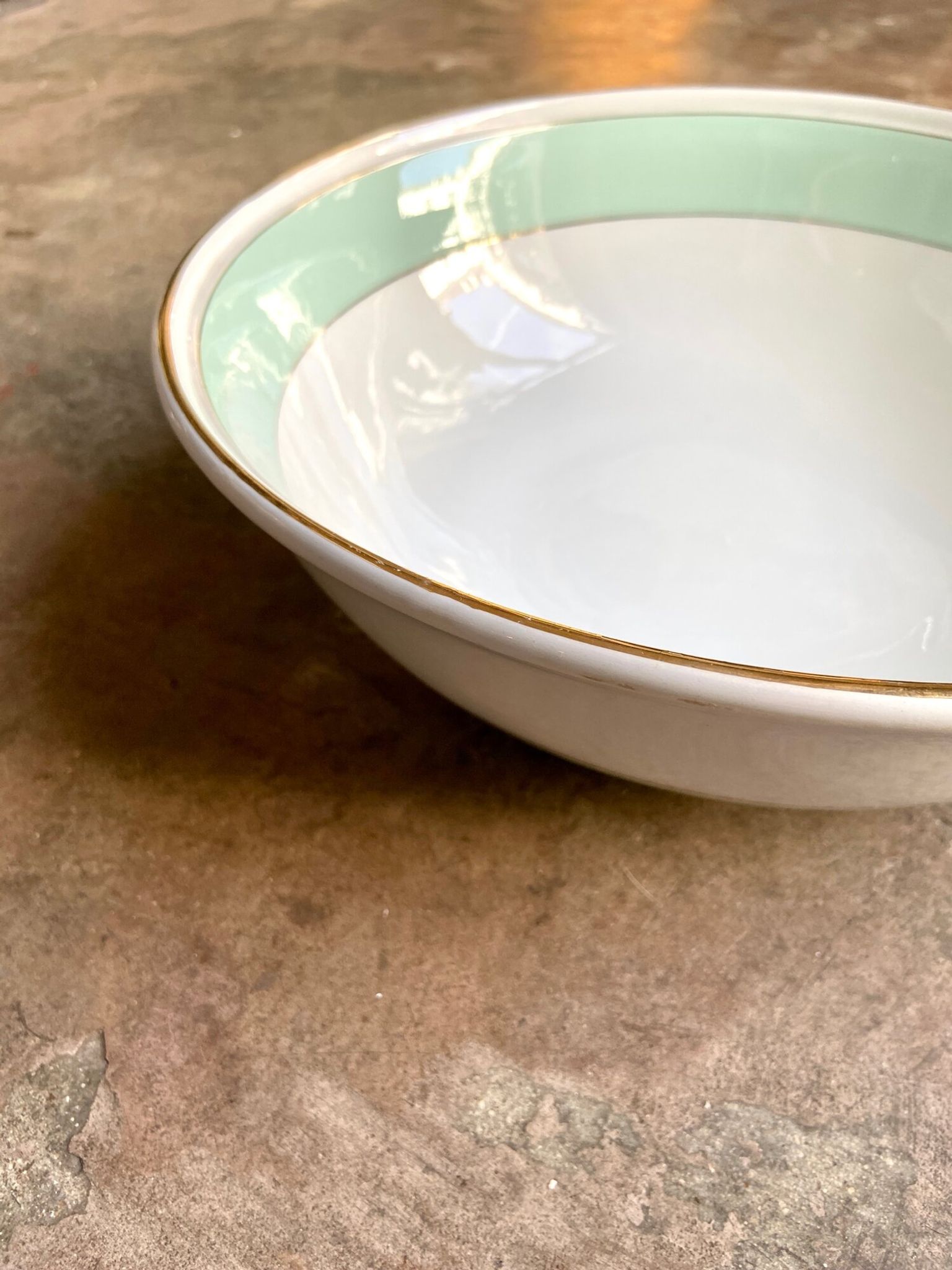 Luneville salad bowl in water-green and gilded opaque porcelain