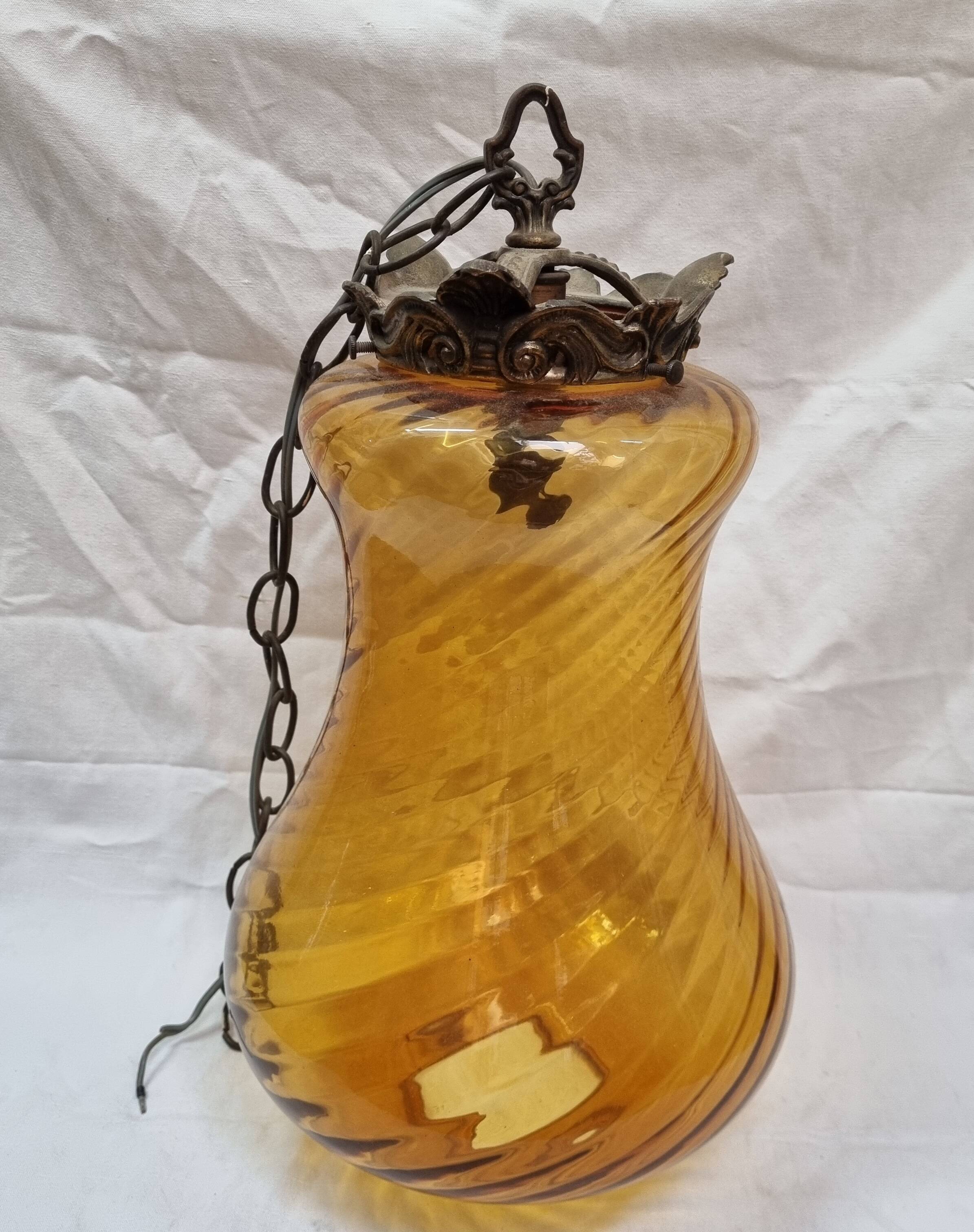 1960 amber glass & bronze pendant light