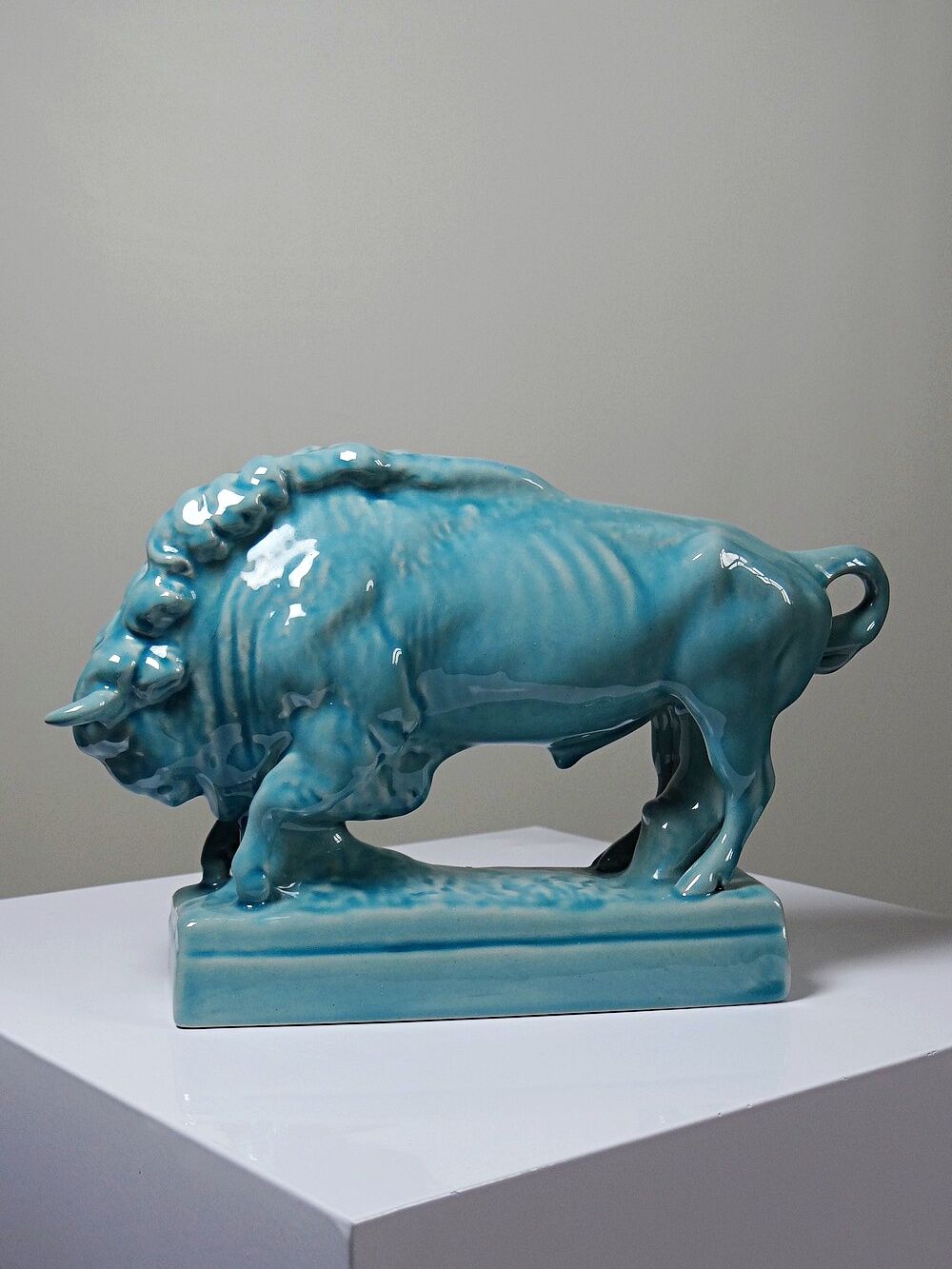 Bison Zsolnay in turquoise glazed earthenware, Hungary, 1940s-50s.