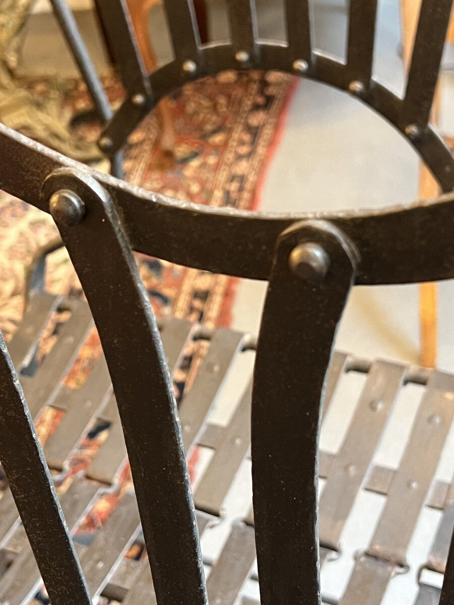 Set of 4 folding garden chairs in wrought iron and riveted, 19th century, Napoleon model.