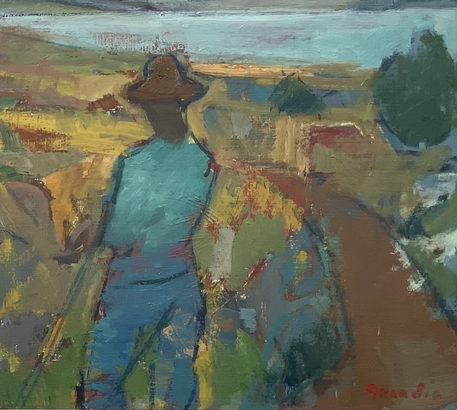 Svan Grandin (1906-1982) Peinture à l'huile vintage Paysage "Les Moissonneurs"