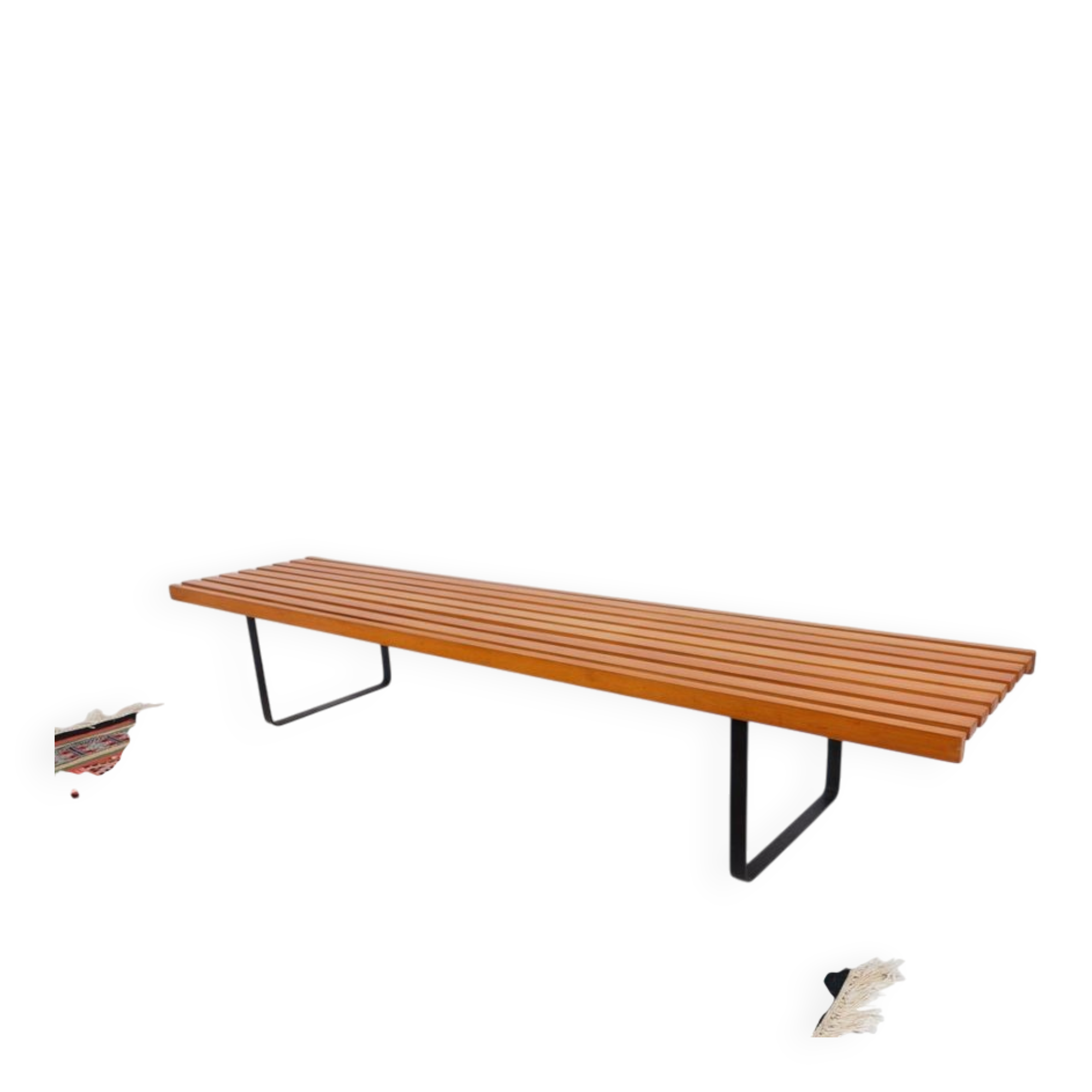 Bench in 60s-70s style, slatted bench, low seat, retro vintage style from the 60s-70s.