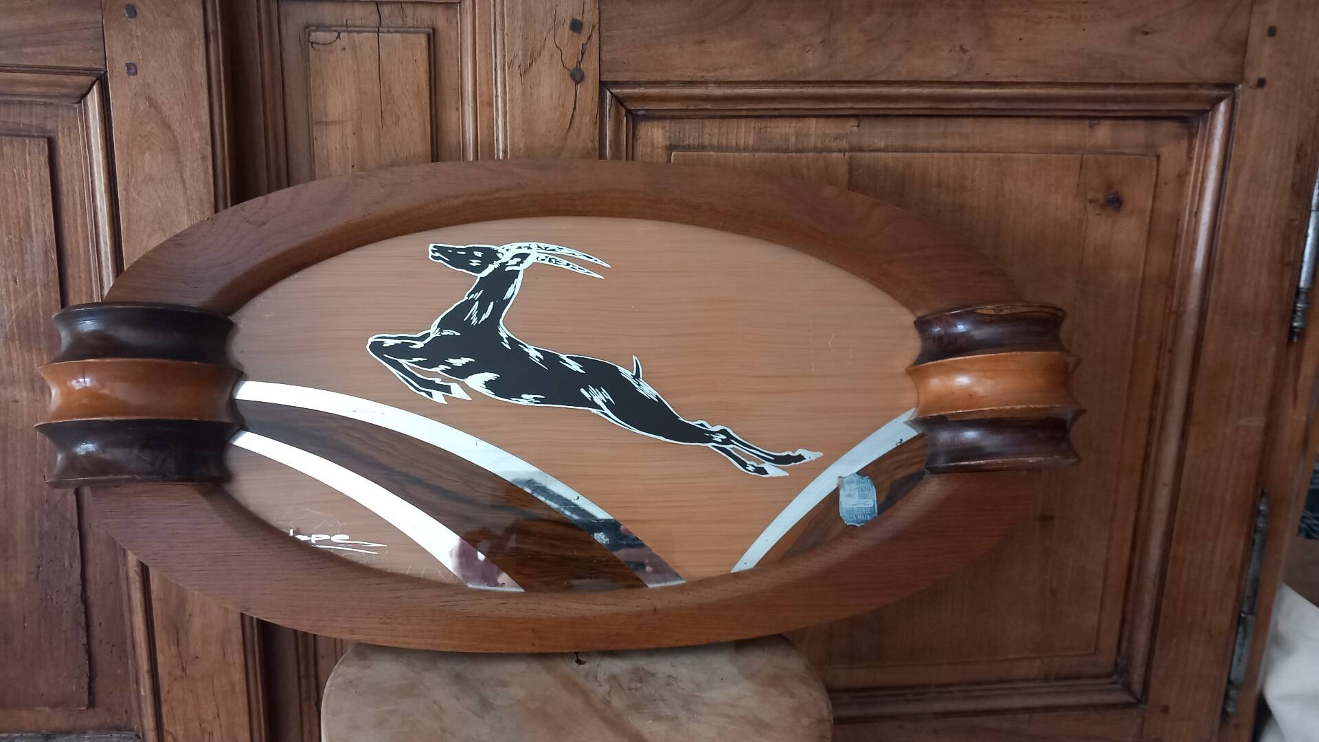 Art Deco service tray in wood and mirror signed Dope, 1930s.