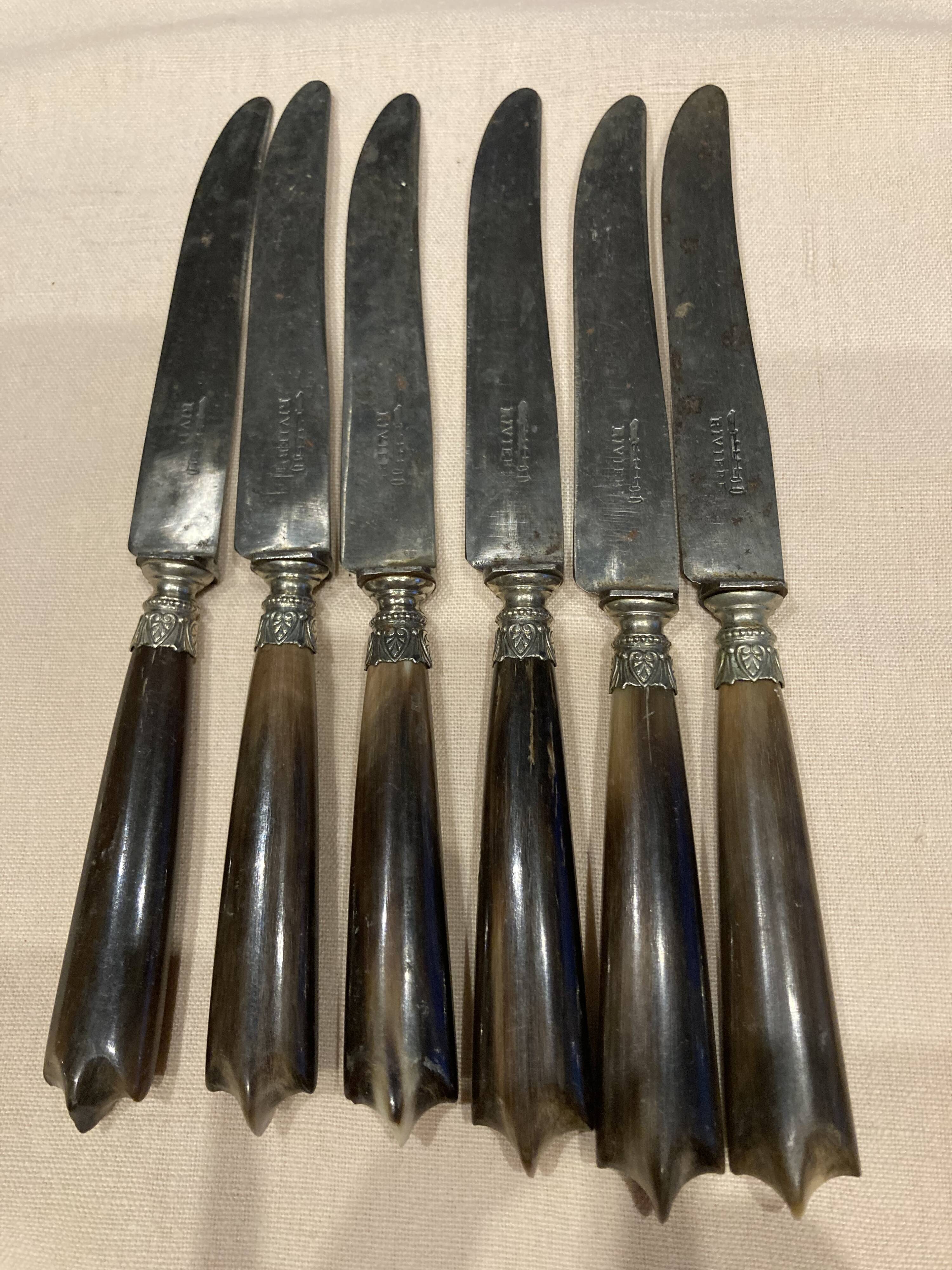 6 dessert knives + serving cutlery with horn handle