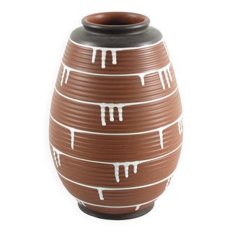 1950s Ceramic Vase with Brown & Black Drip Glaze