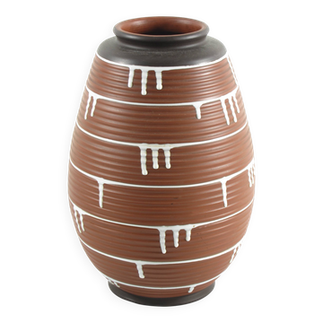 1950s Ceramic Vase with Brown & Black Drip Glaze