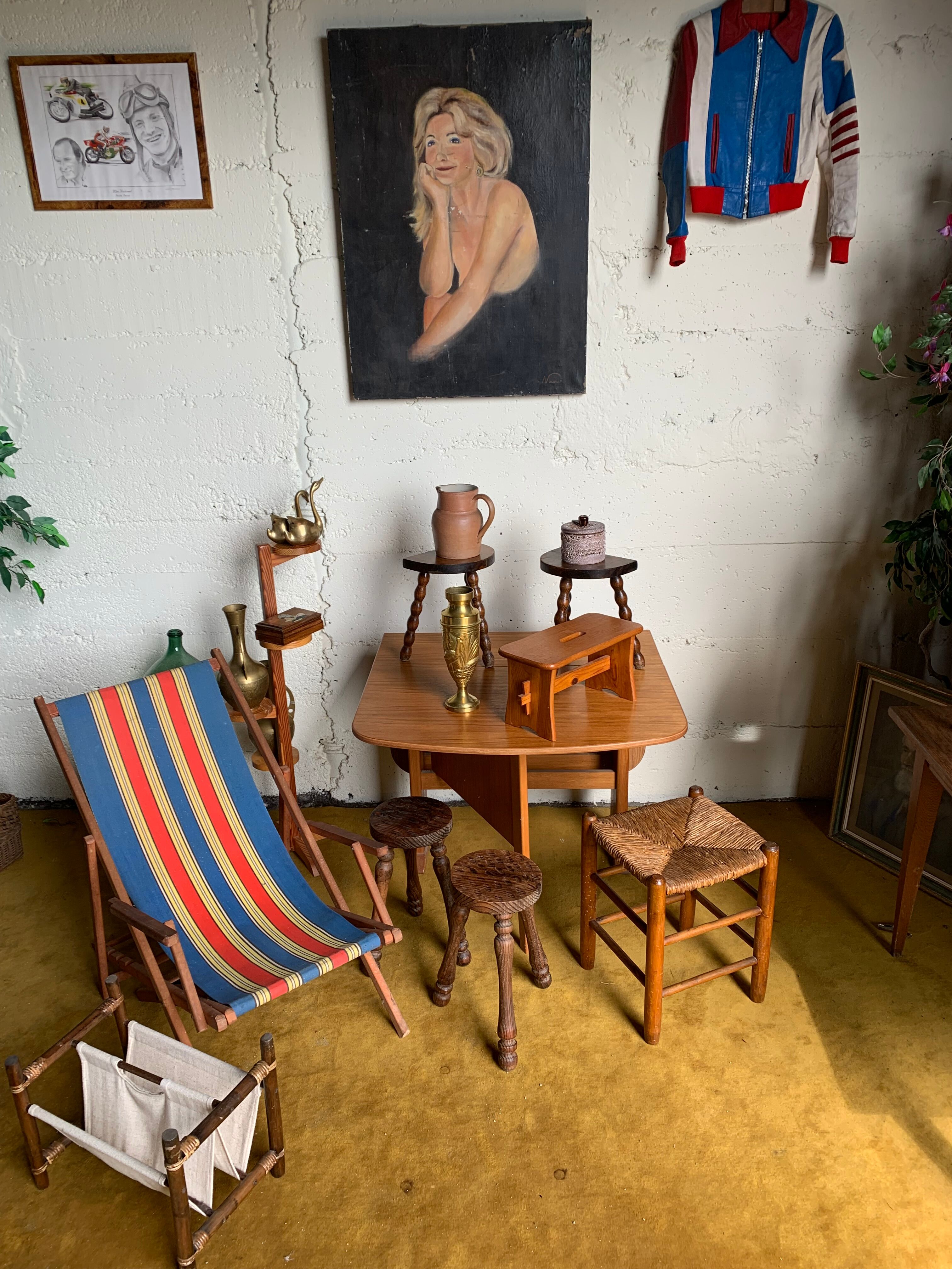 Duo of tripod half-moon stools