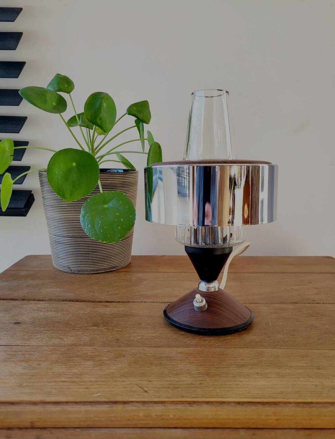 Wooden table lamp with chrome finish, 1950s