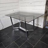 Vintage chrome metal table with smoked glass top