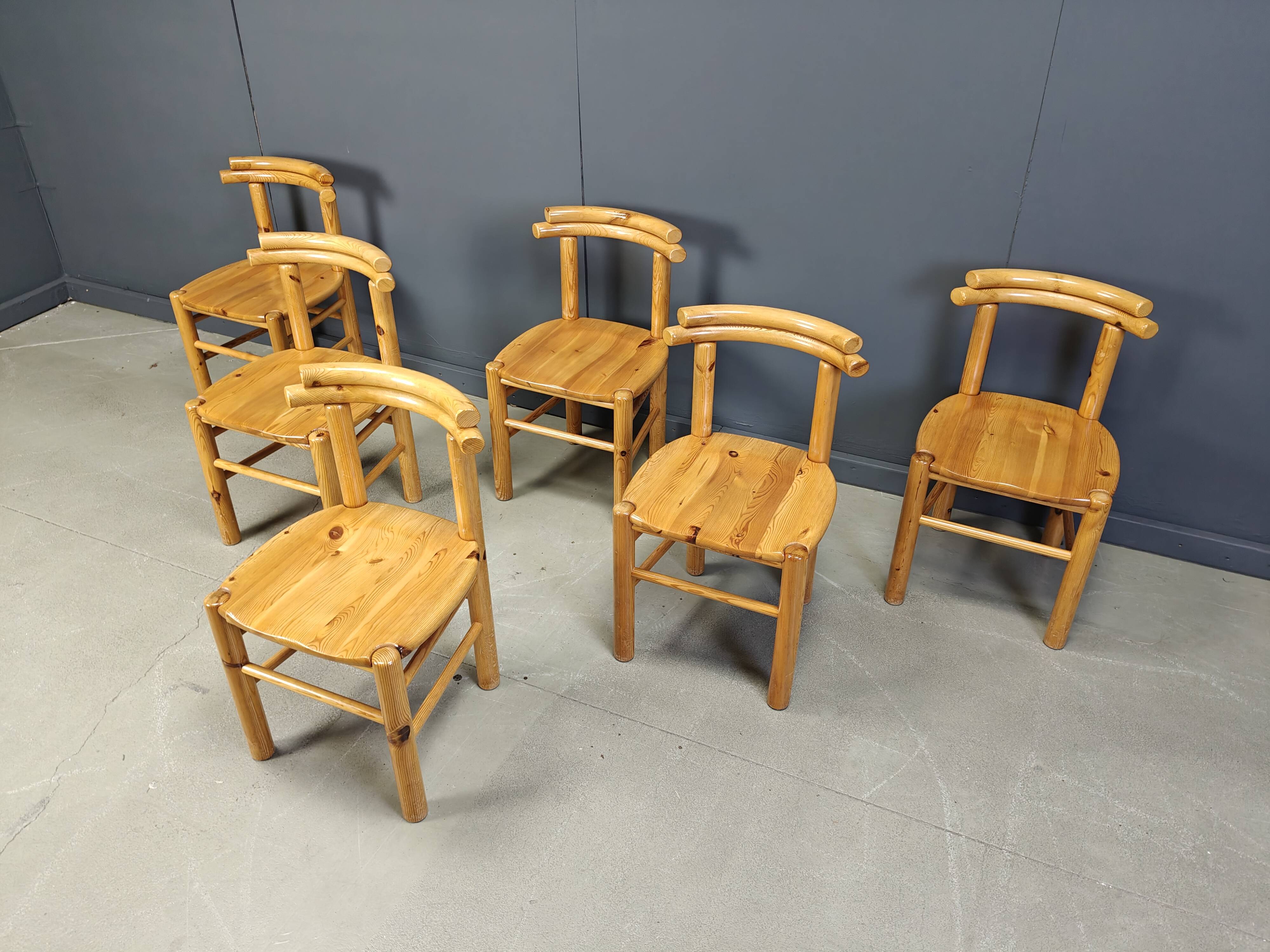 Vintage pine wood dining chairs - 1980s - set of 6