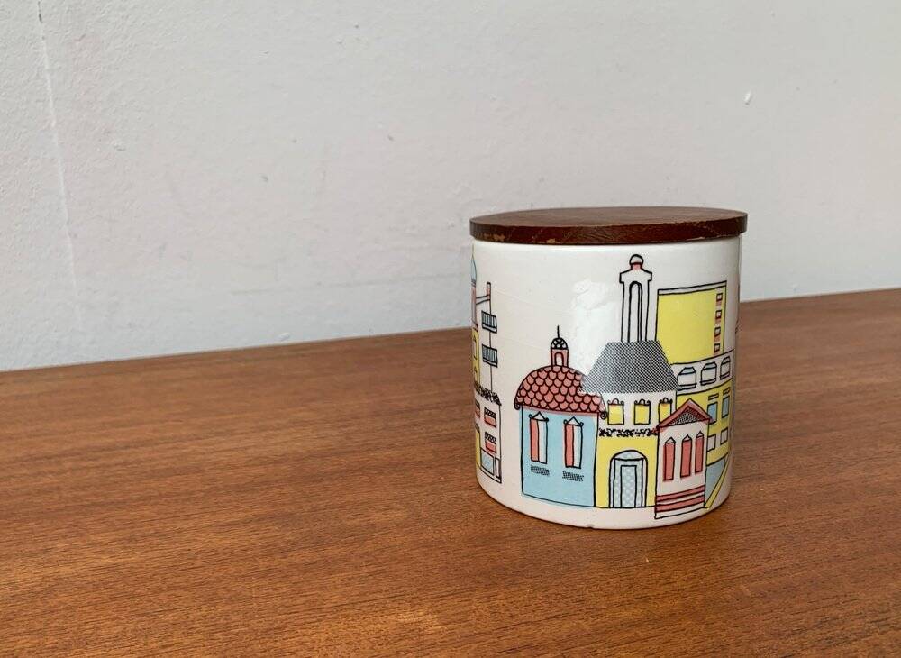 German ceramic box or mid-century biscuit jar with a teak lid by SMF Schramberg Keramik, 1960s