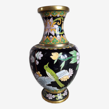 Vintage cloisonné enamel vase with floral and bird décor