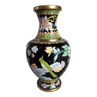 Vase vintage en émaux cloisonné avec un décor floral et d'oiseaux