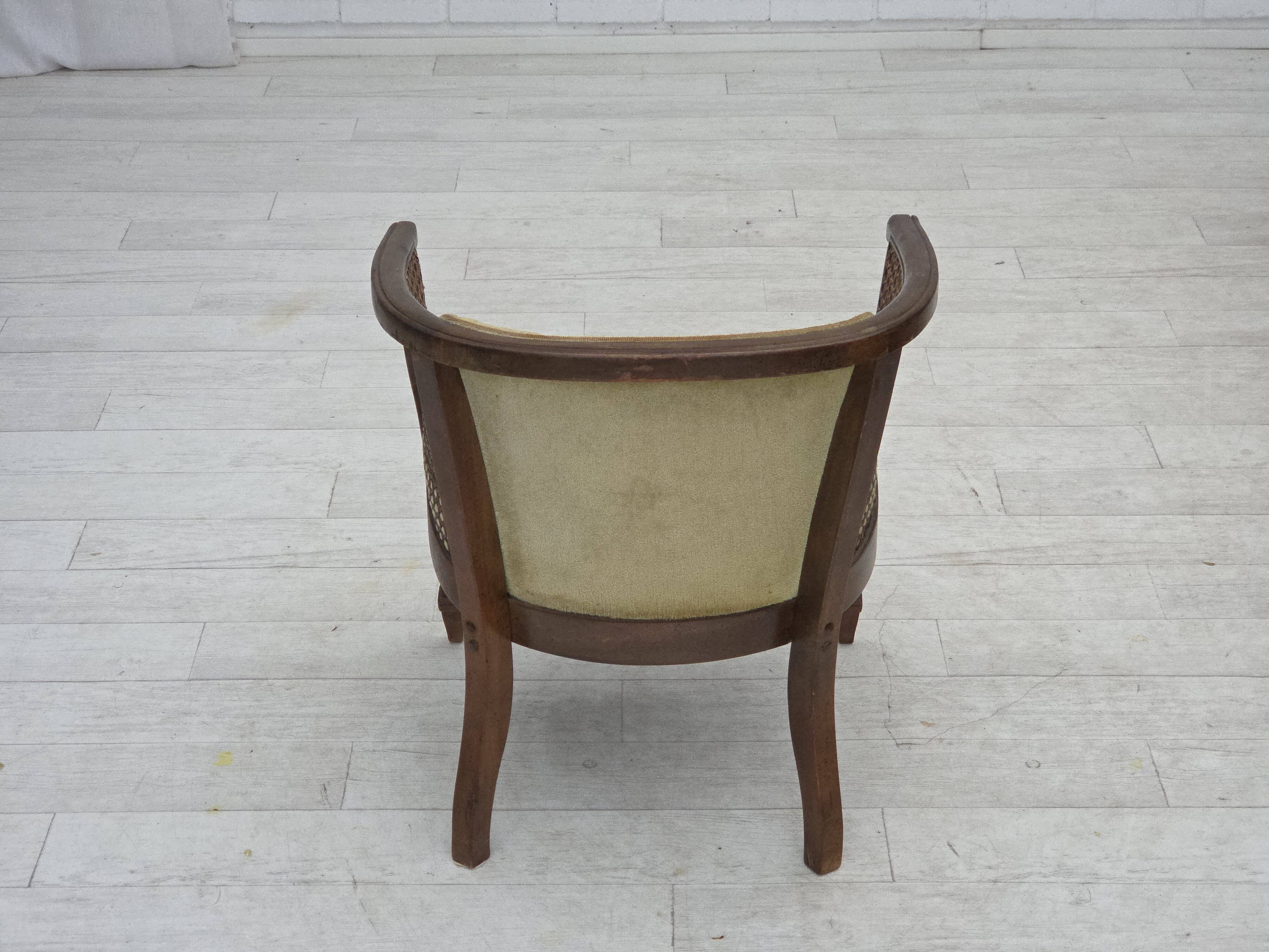 1950s, Danish easy chair, furniture velour, furniture mesh, oak wood.