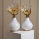 Orange Murano Glass Table Lamps Pair with Flower-Shaped Shades and Brass Details - 1970s Italy Bedside Lighting